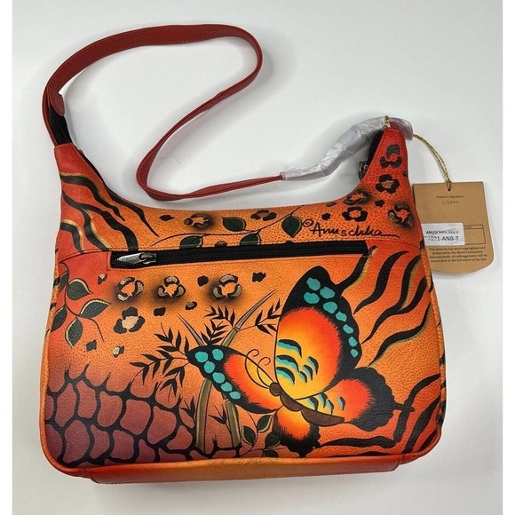 NWT Anuschka Painted Leather Shoulder Purse Wallet Set Women’s Orange - Picture 3 of 10
